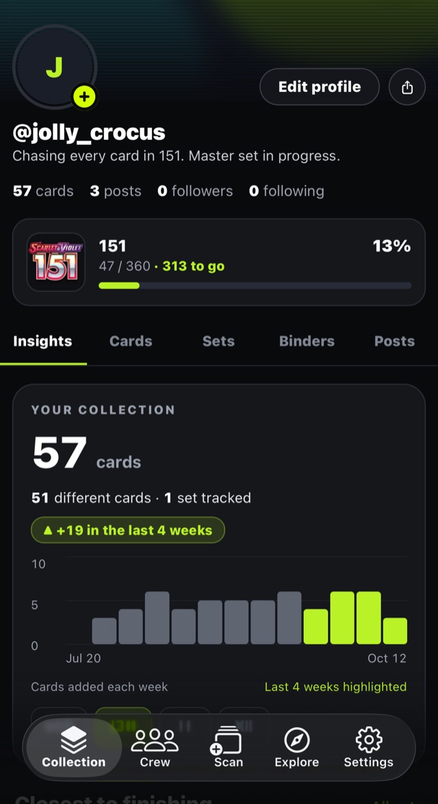 The Insights tab showing card totals and cards added each week