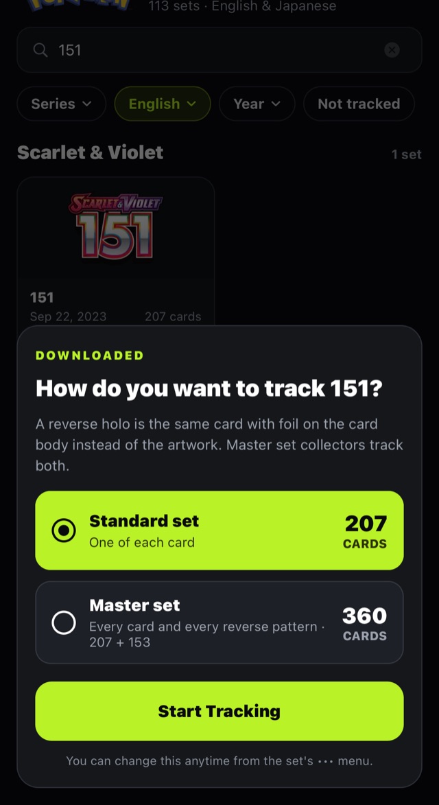 The choice between tracking a standard set or a master set with reverse holos