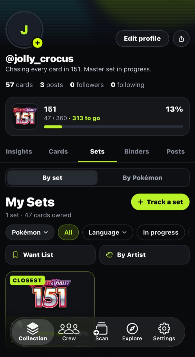 The Sets tab showing progress through the 151 set